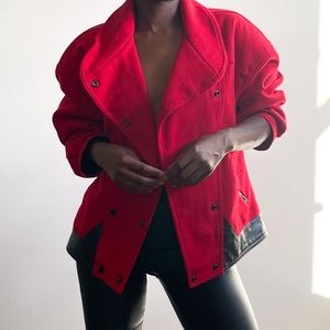 Vintage red wool bomber jacket with faux leather trimming around jacket